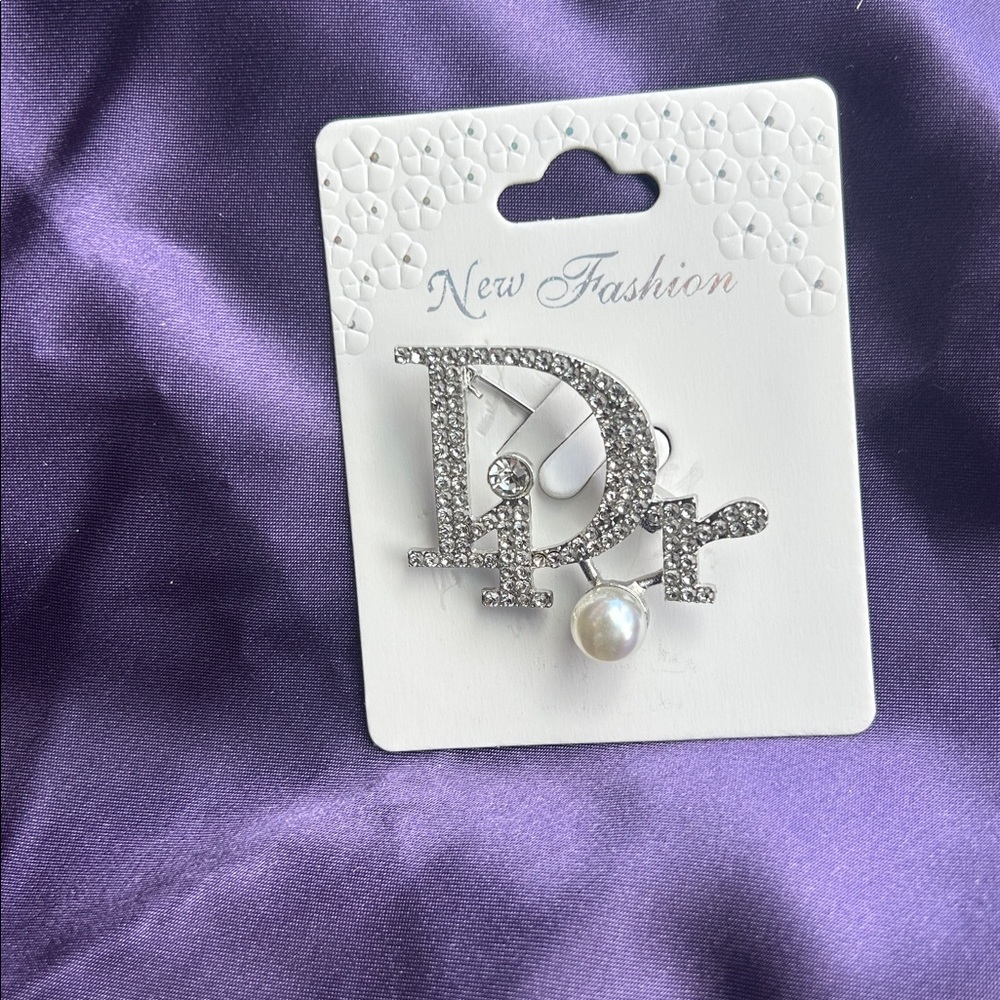 Silver Crystal 'Dior’ Letter Brooch with Pearl Accent